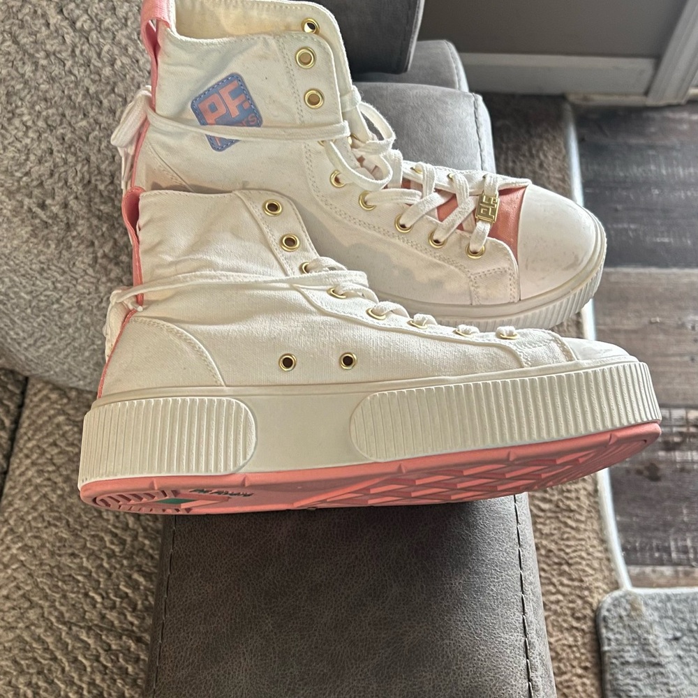 PF Flyers High Top Sneakers in White & Pink